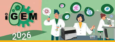 Banner promoting iGEM Sponsorship 2026 with illustration of researchers in a laboratory