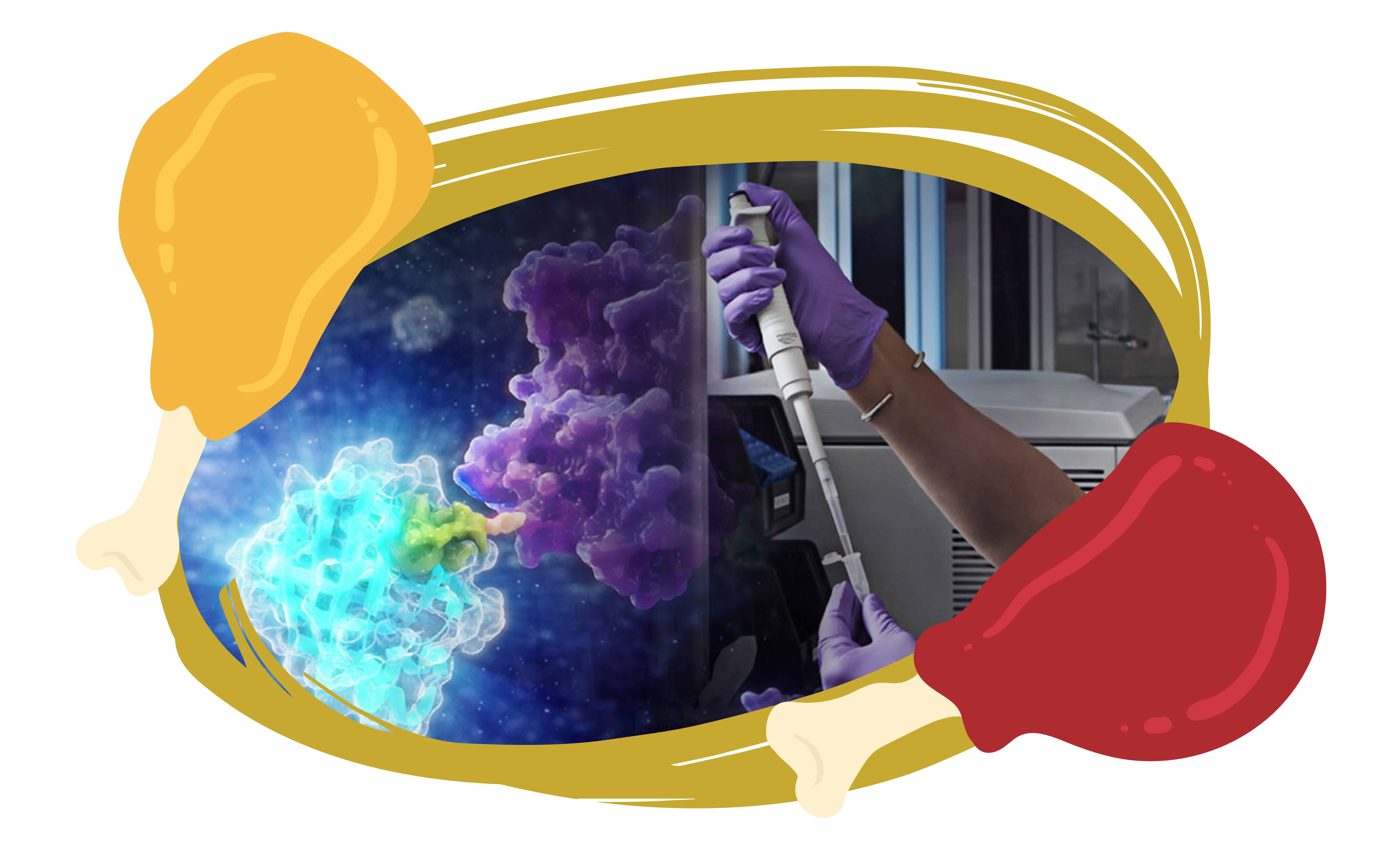 Targeted protein degradation enclosed in a circle frame border with hot wings